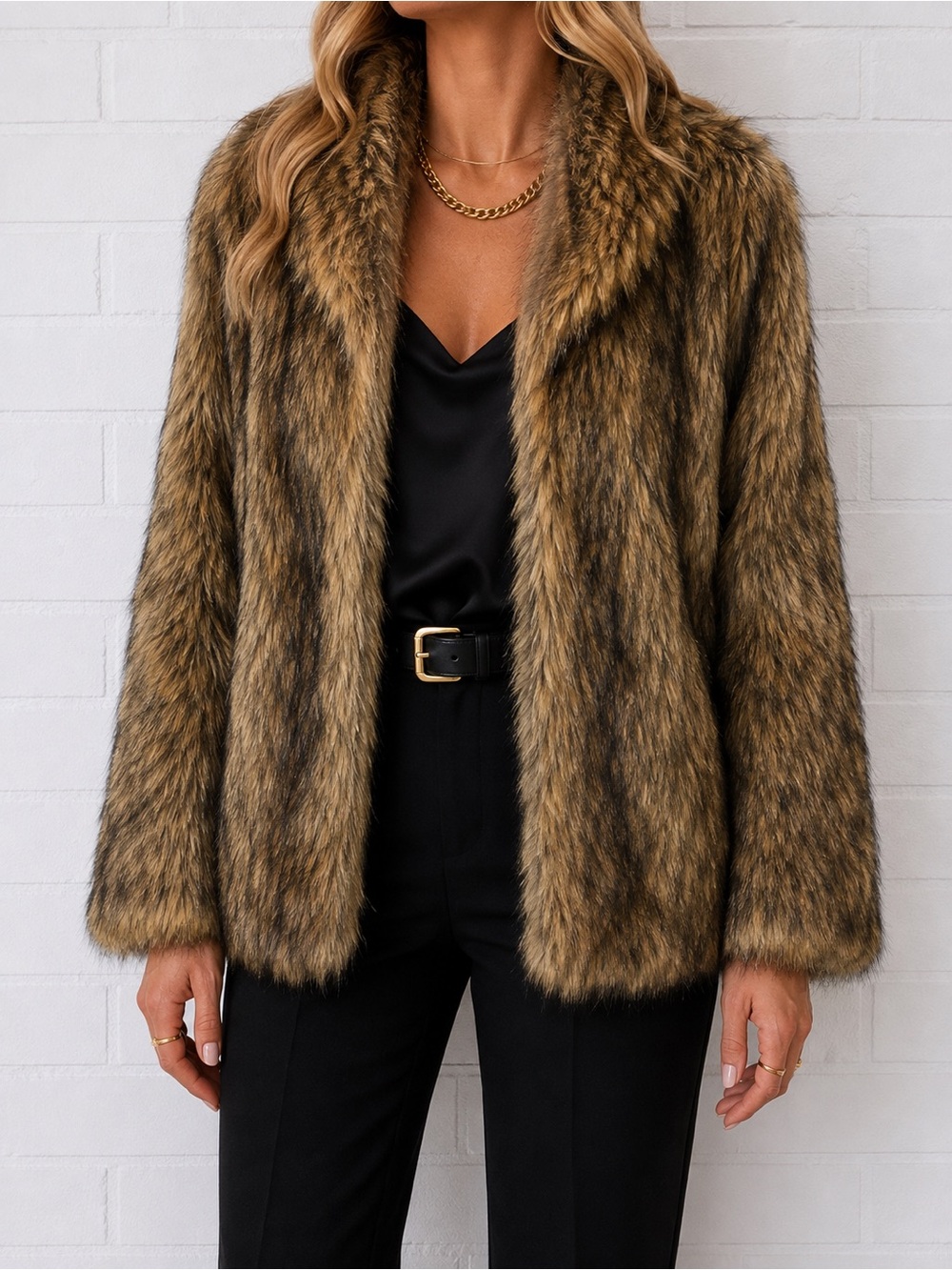 Kathy Ireland Faux Fur Coat Large Brown Black Plush Flaw